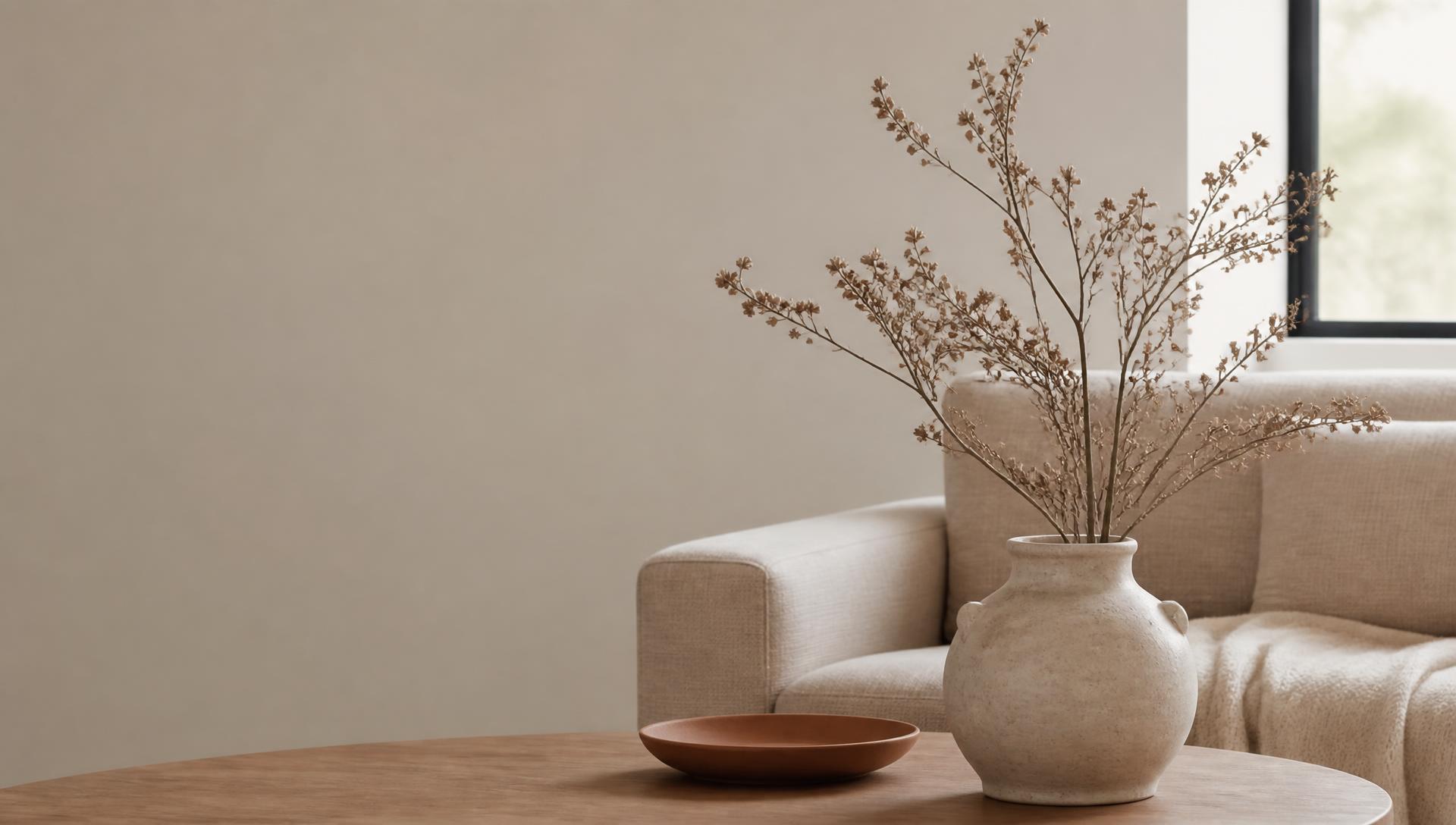 Living minimalista con cerámica y bandeja de terracota